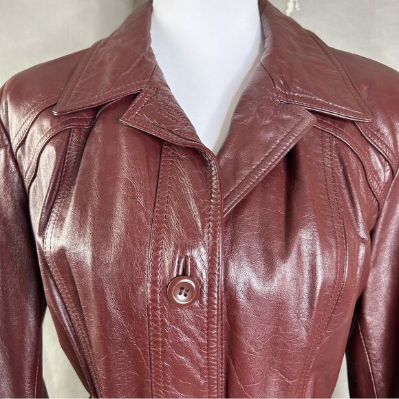 Vintage 70s  Leather Jacket L Burgundy Button Belted Classic Directions Coat - Picture 5 of 11